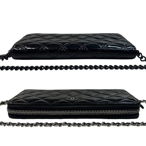 CHANEL Black Patent Leather Quilted Zip Wallet - Picture 5 of 6